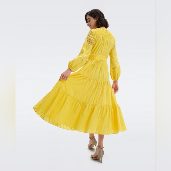 Diane Von Furstenberg 'Gigi' Mustard Yellow Long Sleeve Embroidered Lace Dress - Picture 2 of 13